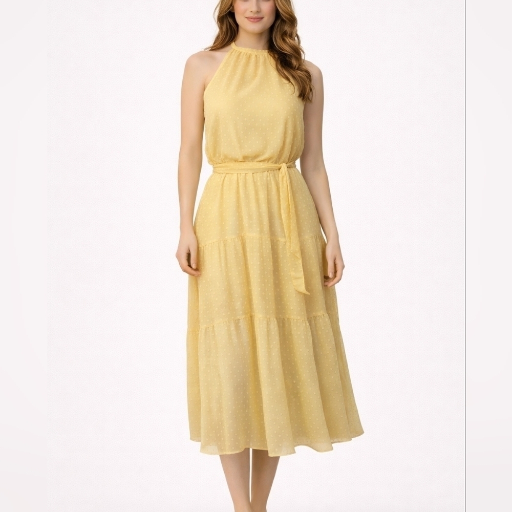 PRETTY GARDEN Ivory Swiss Dot Chiffon Tiered Halter Castlecore Dress